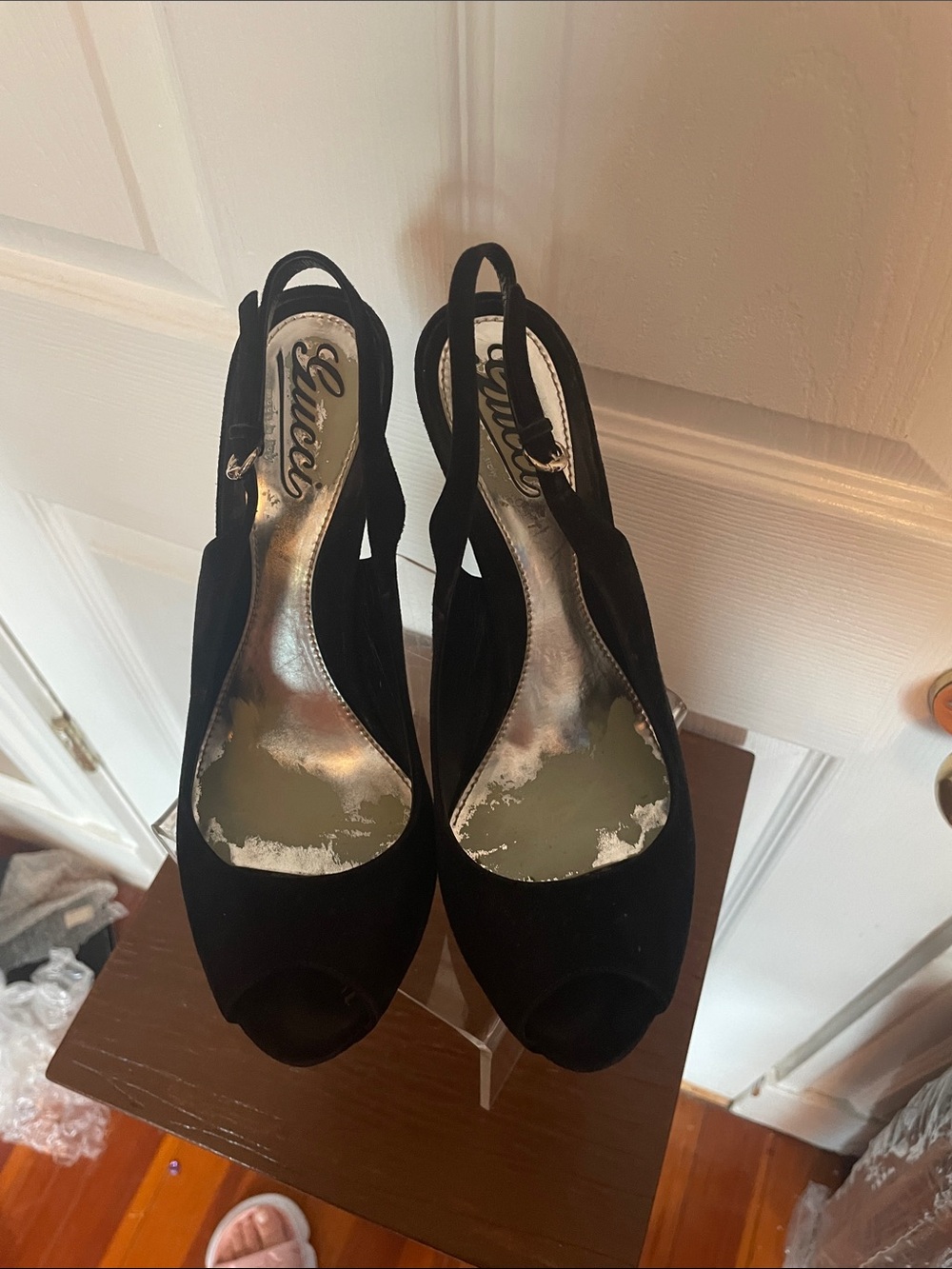 Gucci  Black Suede Peep-Toe Slingback Heels sz 37  1/2